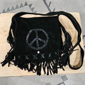 Genuine Suede & Leather Peace Sign Stitched‎ Black Purse